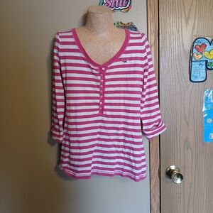 Hollister Pink & White Striped Henley Top